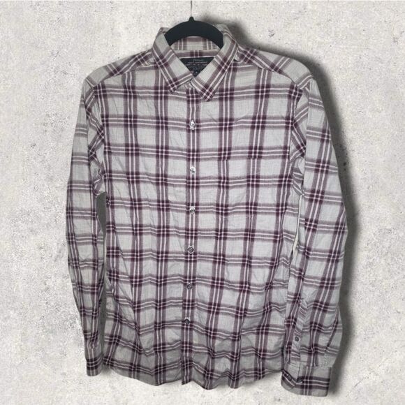 Marc Anthony Natural Stretch Slim Fit Check Plaid Gray Button Down Shirt - Picture 1 of 6